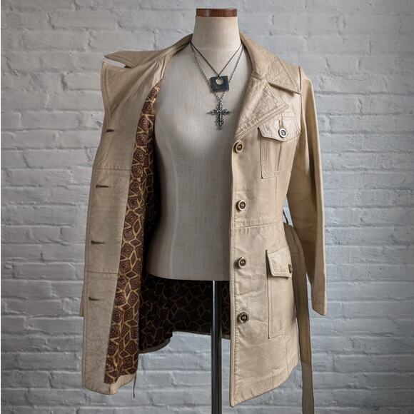 70s Vintage White Genuine Leather Trench Coat Minimalist Boho Moto Biker Jacket - Picture 2 of 8